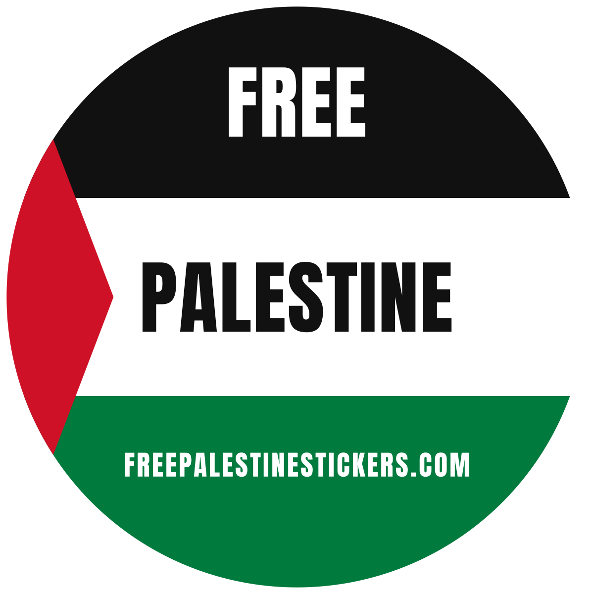 Free Palestine sticker, round, flag with freepalestinestickers.com printed on it